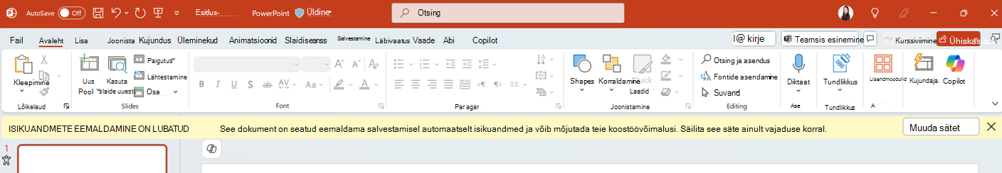 Isiklike andmete eemaldamise lubamise teatis PowerPointi rakenduses