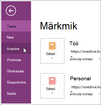 Märkmiku avamine menüü Fail kaudu