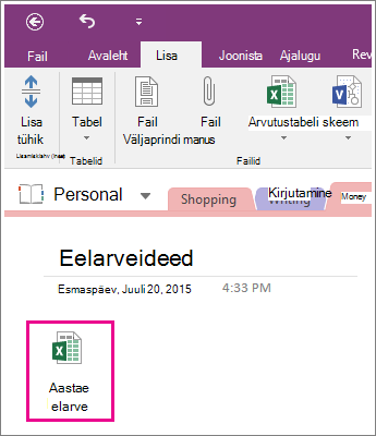 Kuvatõmmis OneNote 2016 manustatud arvutustabelist.