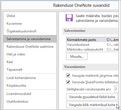 Screenshot of the OneNote Options dialog box in OneNote 2016.