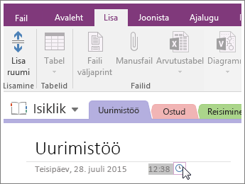 Kuvatõmmis rakenduse OneNote 2016 lehe kuupäevatempli muutmisest.