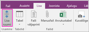 Kuvatõmmis OneNote 2016 nupust „Lisa tühik”.