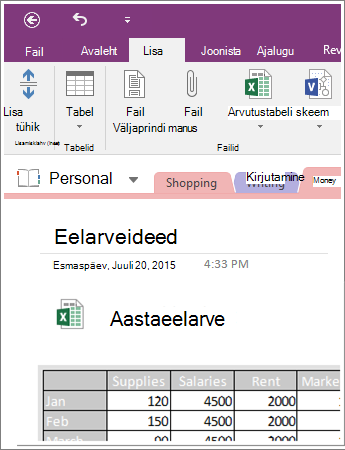 Kuvatõmmis OneNote 2016 manustatud arvutustabelist.