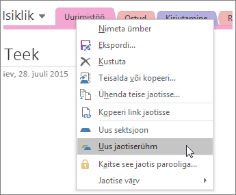 Kuvatõmmis OneNote 2016 uue jaotiserühma loomisest.
