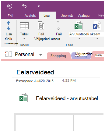 Kuvatõmmis OneNote 2016 uuest arvutustabelist.