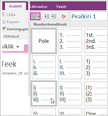 Kuvatõmmis numbrite lisamisest rakenduse OneNote 2016 lehele.