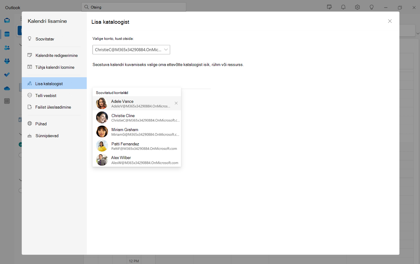 Screenshot showing new outlook add from directory with suggested contacts