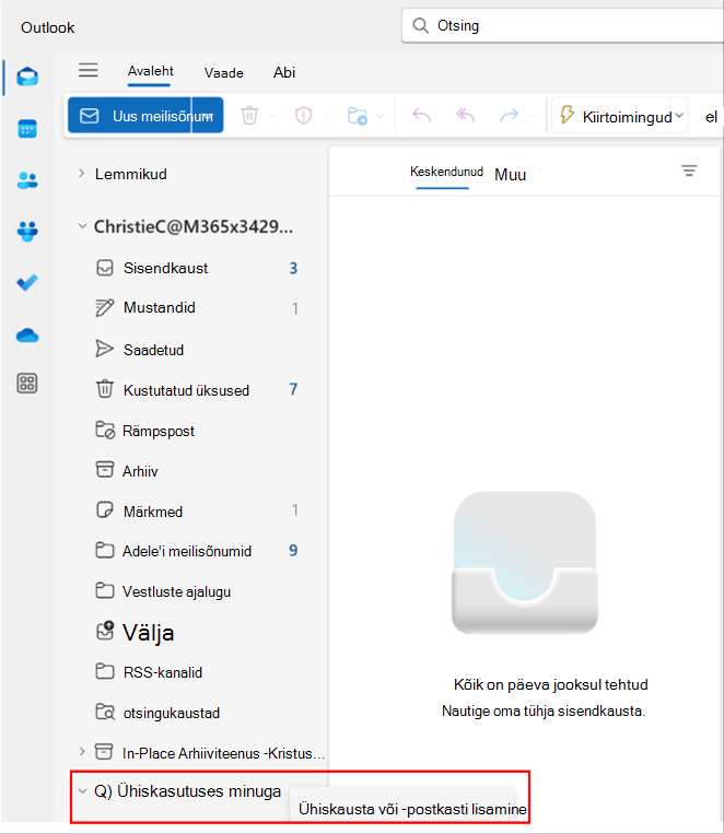 Ühiskausta või postkasti lisamise hüpikakna kuvatõmmis Outlookis