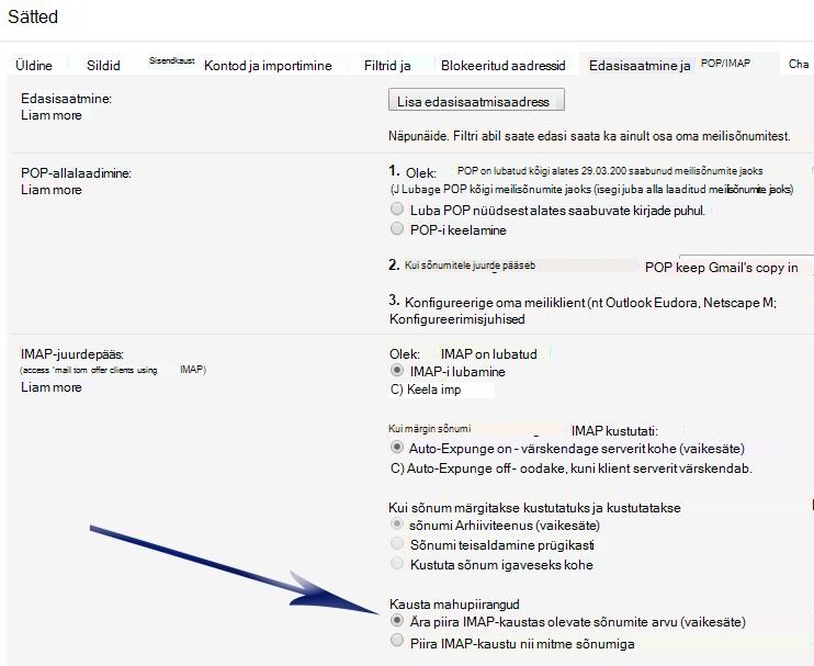 Kuvab kuva Sätted. Jaotises IMAP-juurdepääs on nool, mis osutab esimesele suvandile jaotises Kausta mahupiirangud (ära piira sõnumite arvu...).