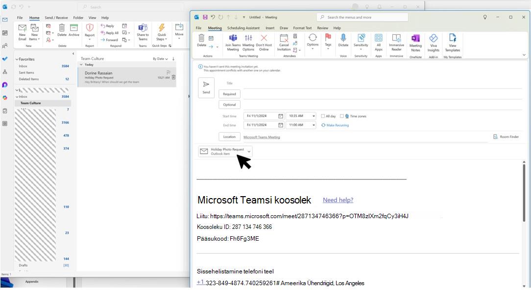 Screenshot showing drag and drop emails and attachments in calendar space