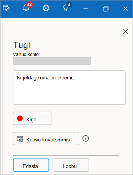 Kuvatõmmis klienditoe poole pöördumise paanist, kus on kuvatud probleemi kirjelduse kuvamise ala