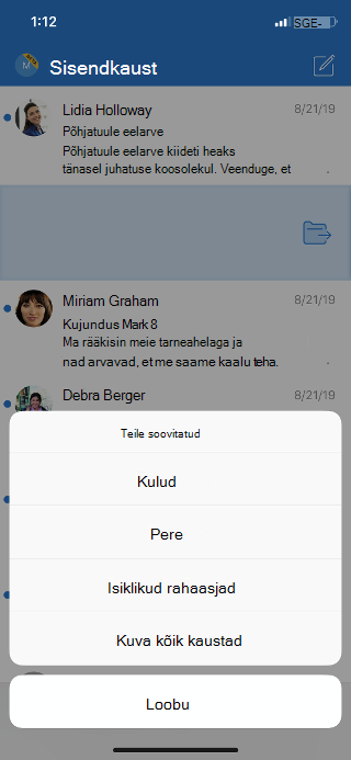 Kuvab sisendkausta, kus on kuvatud kaustasuvandite loend ja suvand kõigi kaustade kuvamiseks.