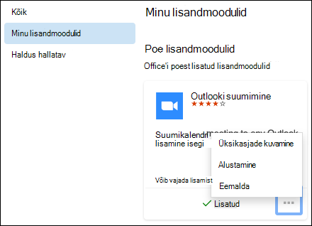 Minu lisandmoodulite menüü rakenduses Outlook for Mac.