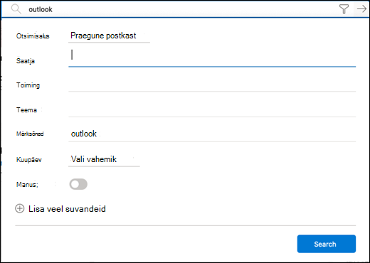 Otsingufiltri menüü.