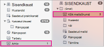 Exchange'i ja Gmaili kaustaloendite kõrvutivaade, kus on esile tõstetud arhiivikaustad