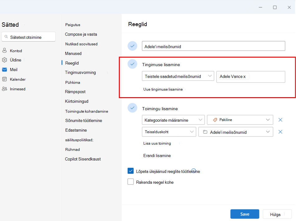 Screenshot showing set up an Email received for others rule for executives account