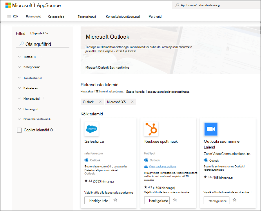Microsoft Outlooki lisandmoodulid AppSource'is