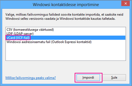 Valige esmalt vCard ja seejärel Impordi.