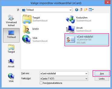 Valige vCard-fail, mille soovite CSV-vormingusse importida.