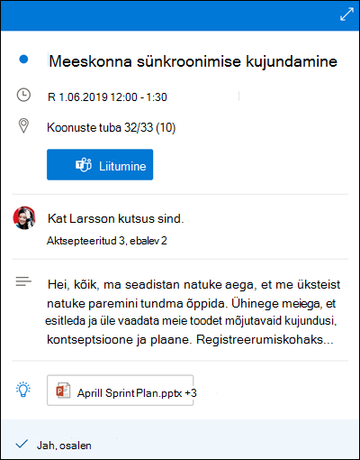Outlooki veebirakendus Calendar pisieelvaade.