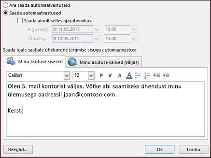 Automaatvastuse teksti sisestamine