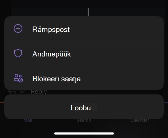 Outlook Mobile'i rämpsposti alammenüü