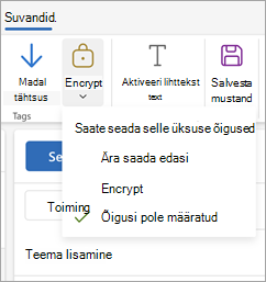 Uue sõnumi Compose valige lindil Suvandid ja seejärel valige Krüpti, et näha sõnumi kolme õigusesuvandit.