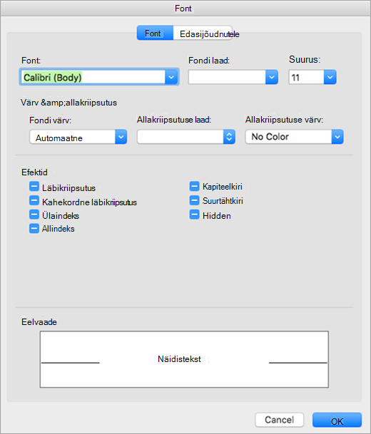 Kuvab dialoogiboksi Font vahekaardi Font