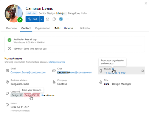 Screenshot showing the source of the data that appears on a combined contact card in Outlook