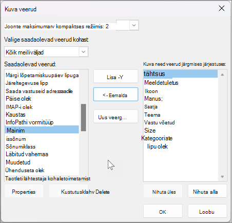 Outlooki veergude sätete kuvamine