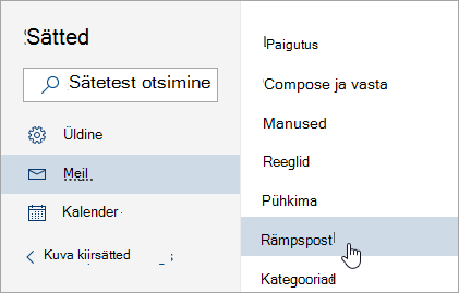 Kuvatõmmis menüüst Sätted, milles on valitud Rämpspost