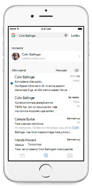 Kuvab mobiiliekraani, mille ülaservas on otsinguriba ja sinna tipitud nimi. Otsingutulemid asuvad otsinguriba all.
