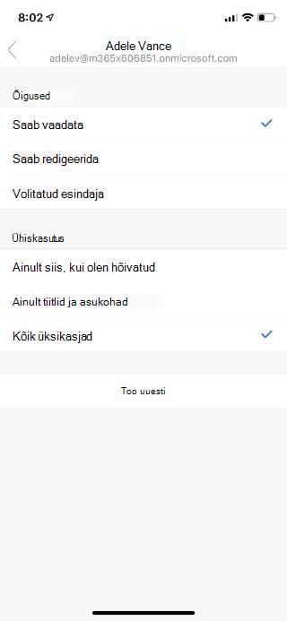 Kuvatud on mobiiliekraan, mille ülaservas on isiku nimi, ning allpool loetletud õiguste ja ühiskasutuse suvandid.