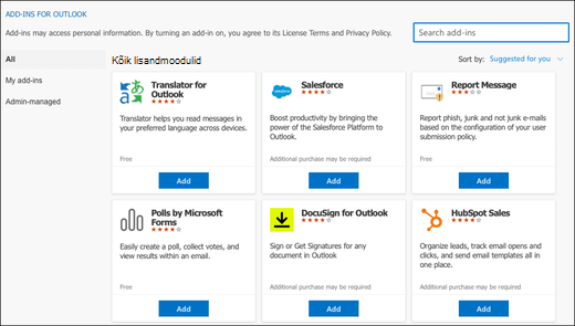 Outlooki lisandmoodulite dialoogiboks rakenduses Outlook for Mac