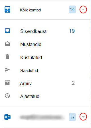 Kuvab Outlooki kaustad, kus rippnooled on kuva paremas servas ringis.