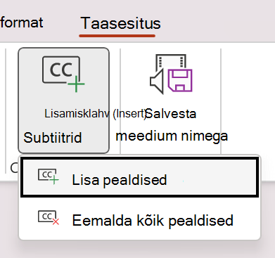 PowerPointi video subtiitrite lisamise kuvatõmmis.
