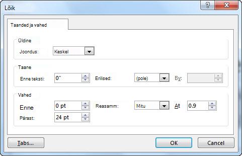 Dialoogiboks Lõik rakenduses PowerPoint