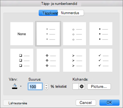 Office for Mac Bullet and Numbering dialog