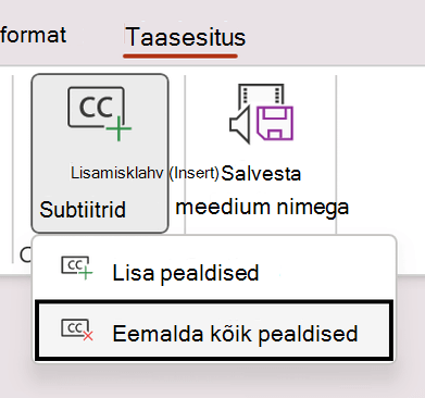 Kuvatõmmis, millel on kujutatud powerPointi video subtiitrite eemaldamine.