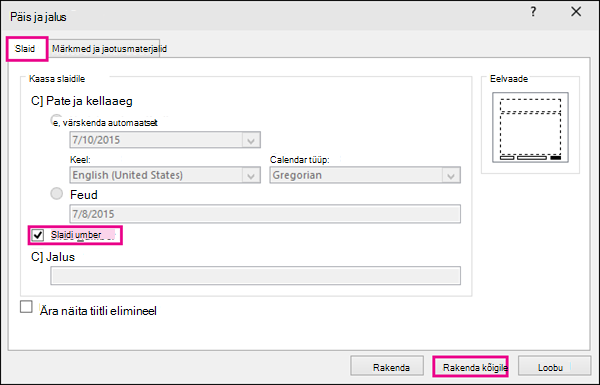 Päise ja jaluse dialoogi pilt PowerPointis