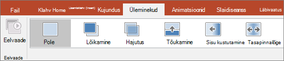 Üleminekute menüü PowerPointi lindil.