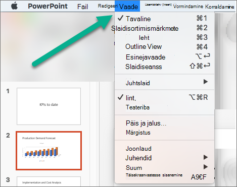 PowerPointi menüü Vaade