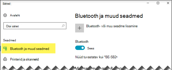 Veenduge, et bluetoothi & muude seadmete suvand oleks vasakul küljel valitud