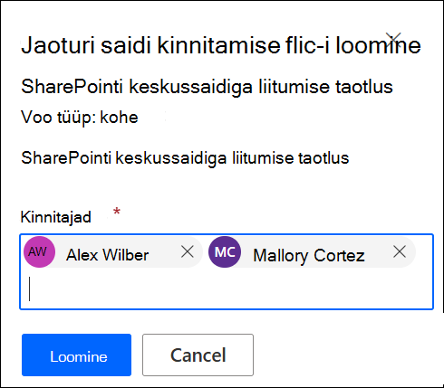 Kinnitajate lisamise kuvatõmmis