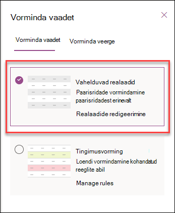 Alternatiivsete ridade vormindamise kuvatõmmis