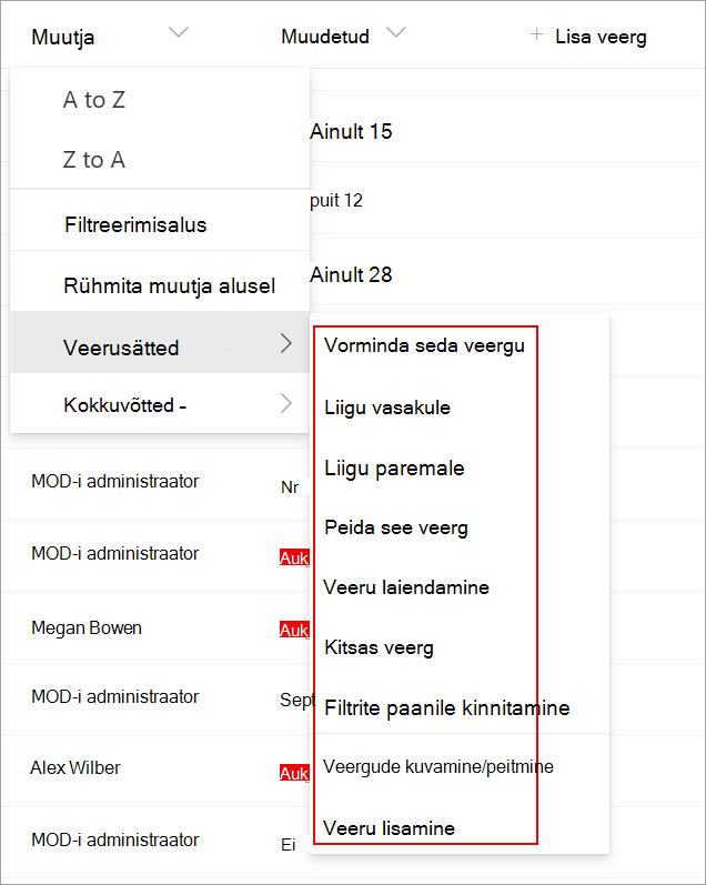 Screenshot showing the column settings in a list you can use to modify your list.