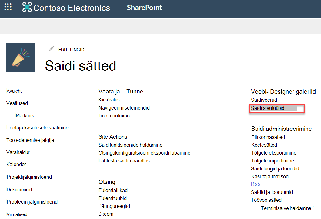 The Site Content Types option in the Site Settings dialog box.