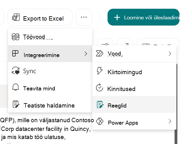 Kuvatõmmis, millel on kujutatud Loendi automatiseerimiseks reegli loomine SharePointis.