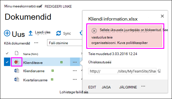 Policy tip showing blocked access to document
