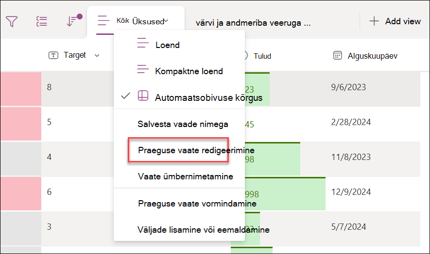 Praeguse vaate valimise kuvatõmmis